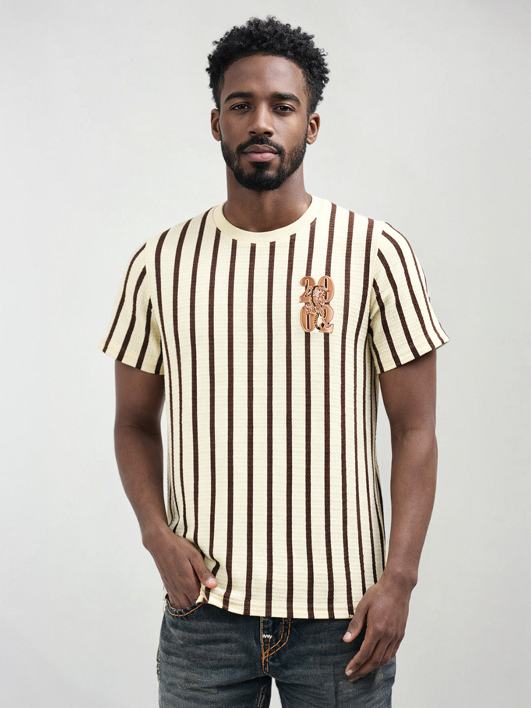 True Religion Men Beige Striped Regular Fit T-Shirt