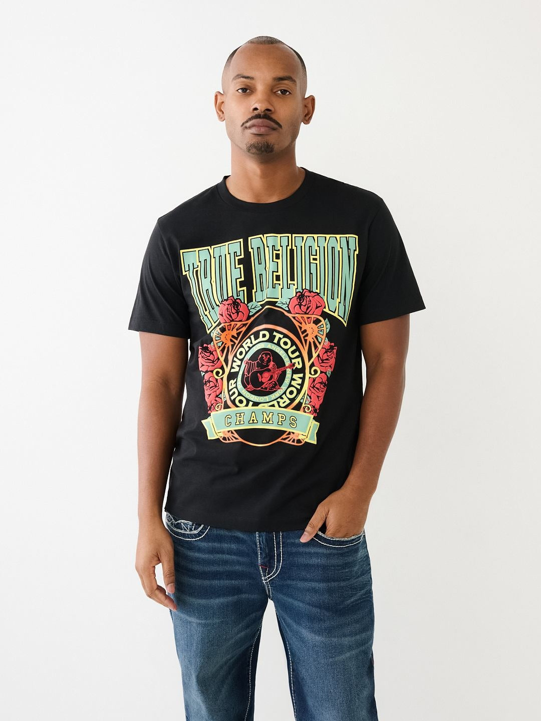 True Religion Men Black Printed Round Neck Short Sleeves Tshirt
