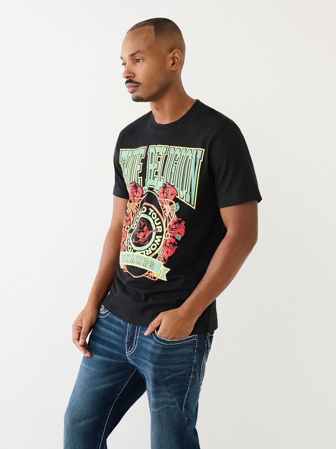 True Religion Men Black Printed Round Neck Short Sleeves Tshirt