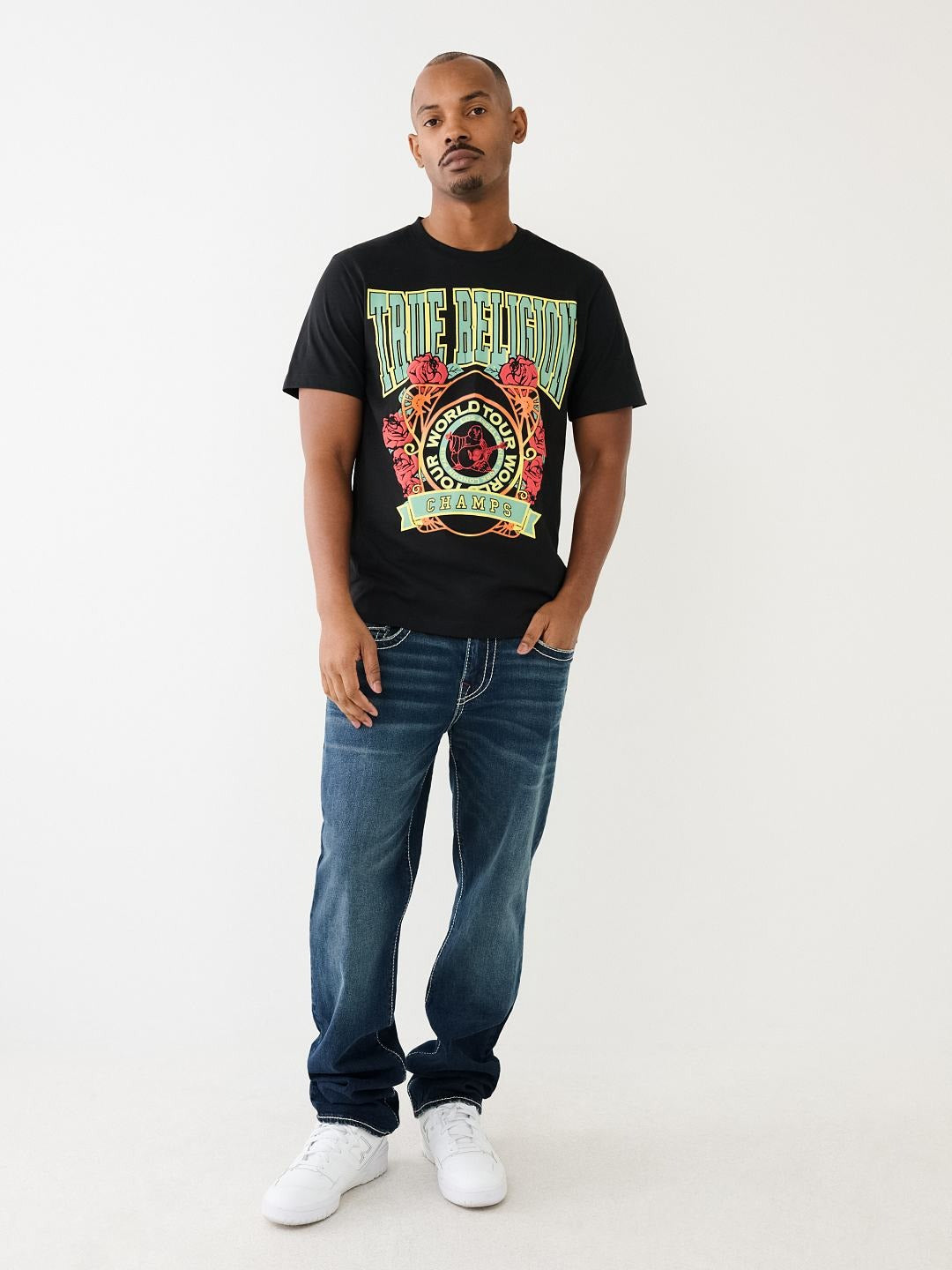 True Religion Men Black Printed Round Neck Short Sleeves Tshirt