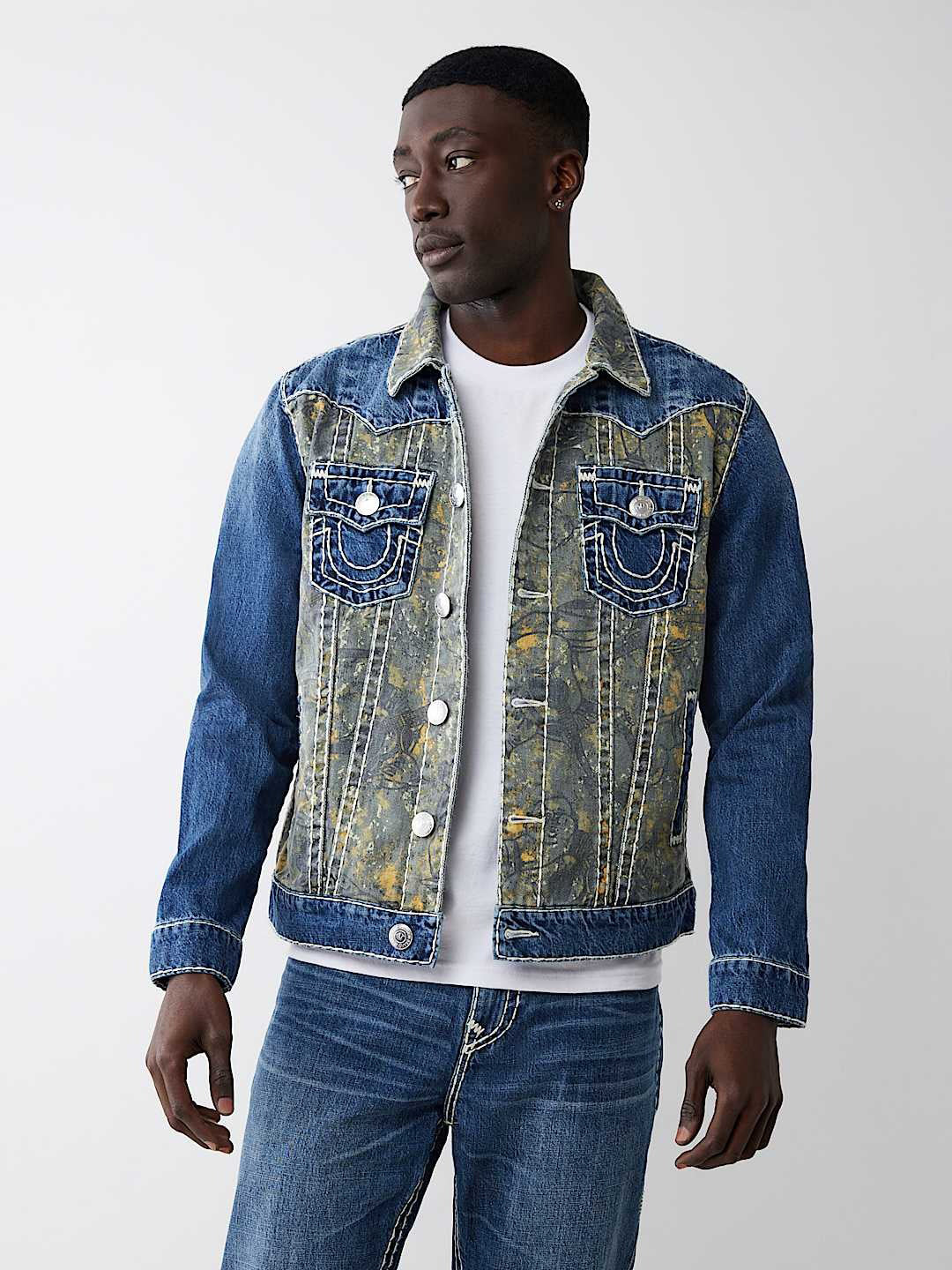 True Religion Men Blue Washed Shirt Collar Jacket