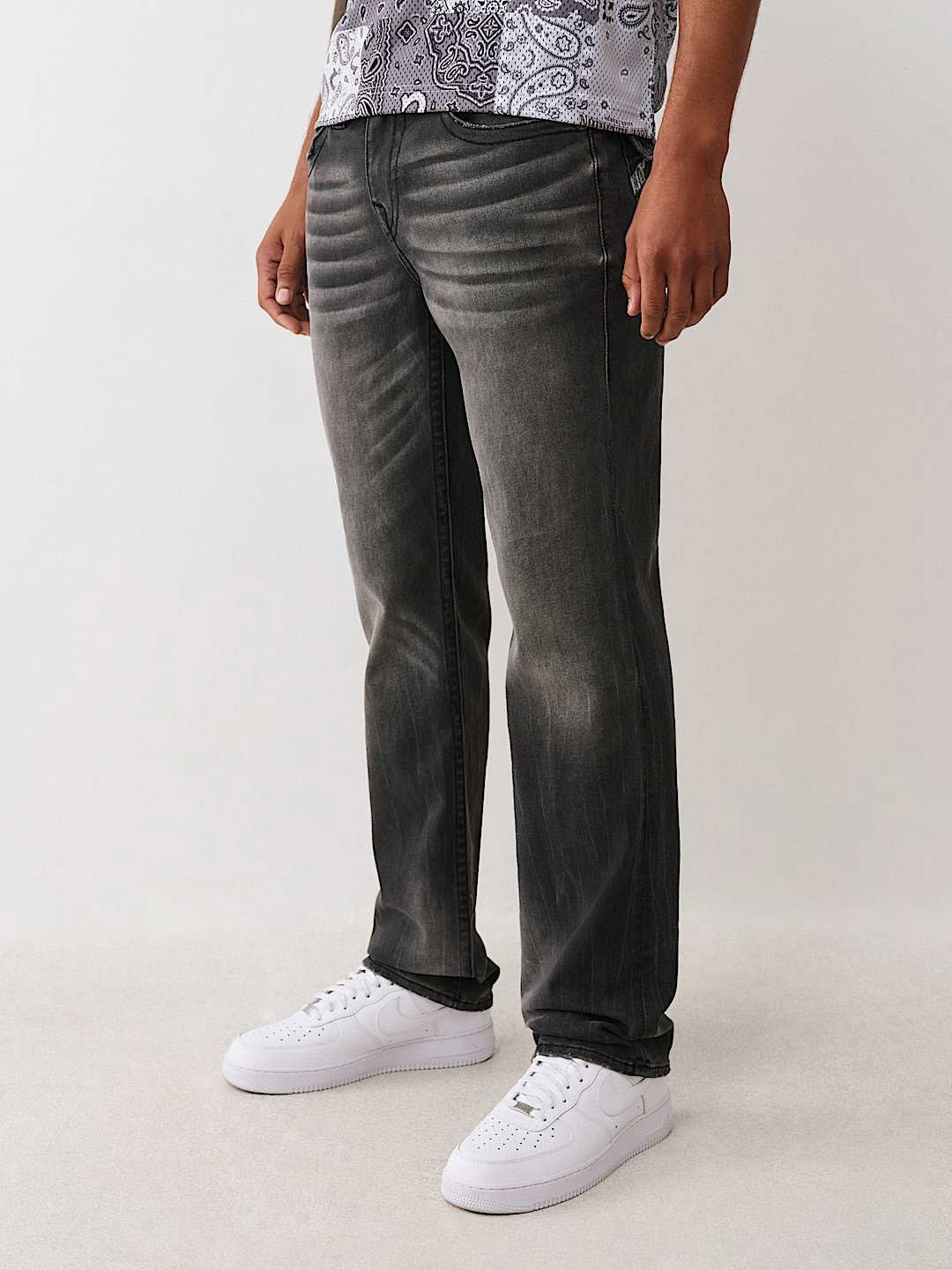 TRUE RELIGION Men Dark Grey Embroidered Ricky Straight Fit Jeans