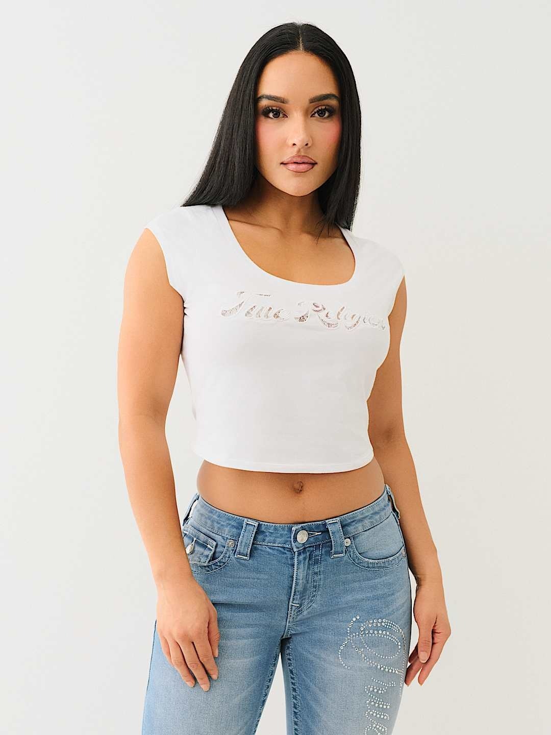 True Religion Women White Solid Scoop Neck Top