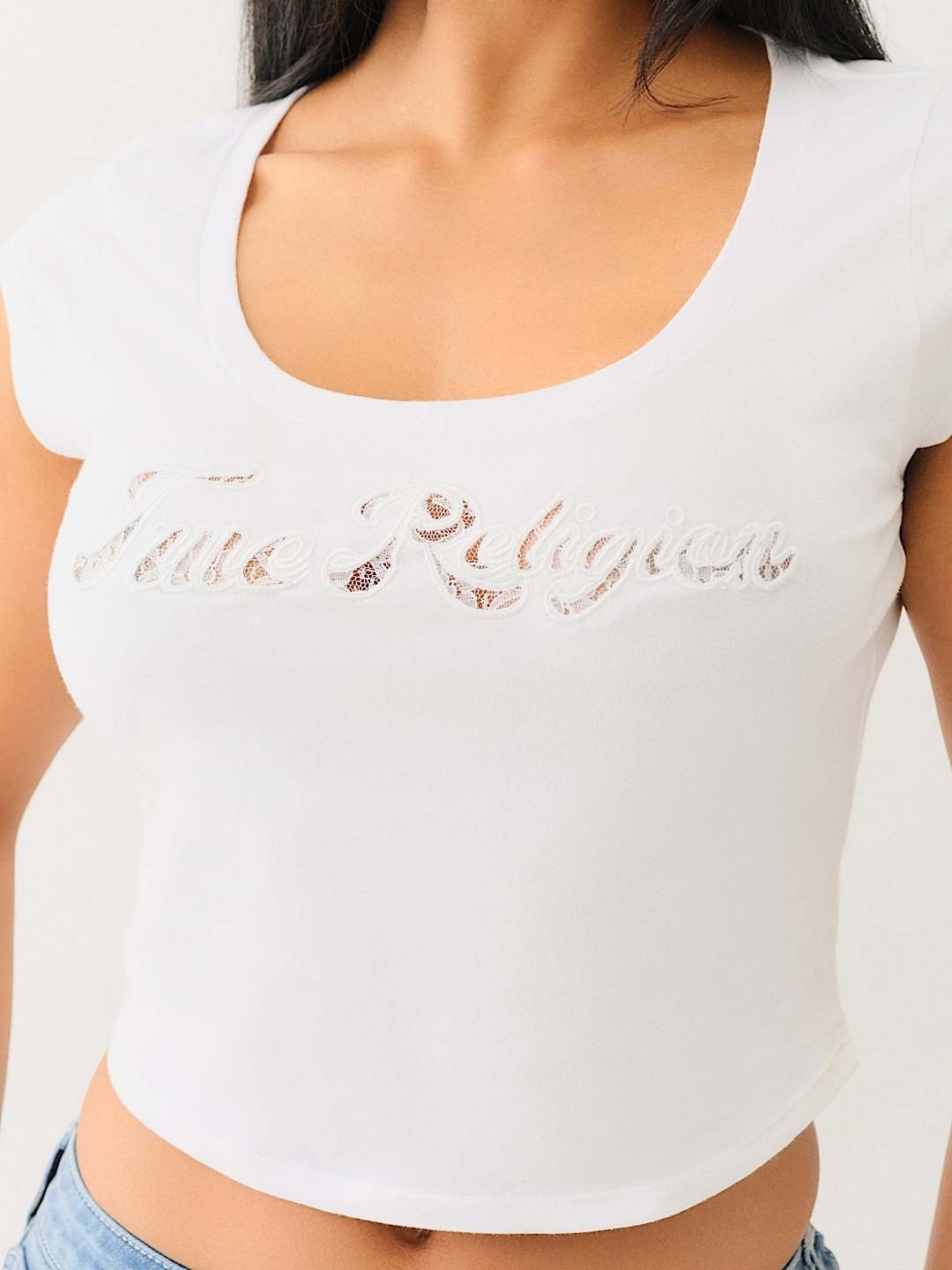 True Religion Women White Solid Scoop Neck Top