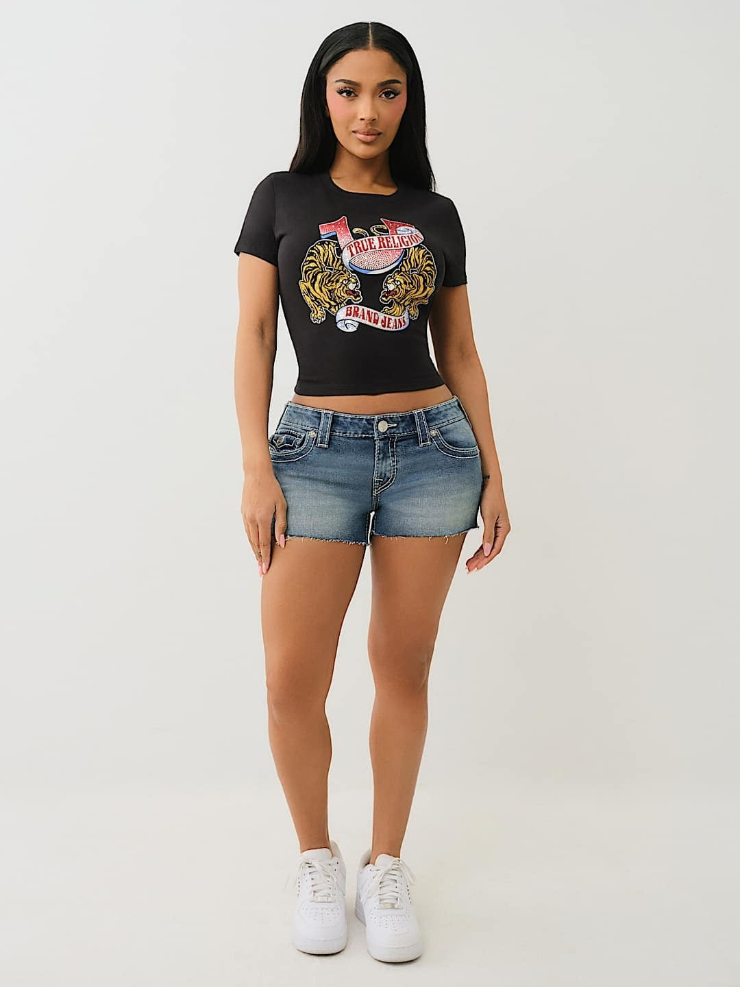 True Religion Women Black Placement Print Round Neck Top