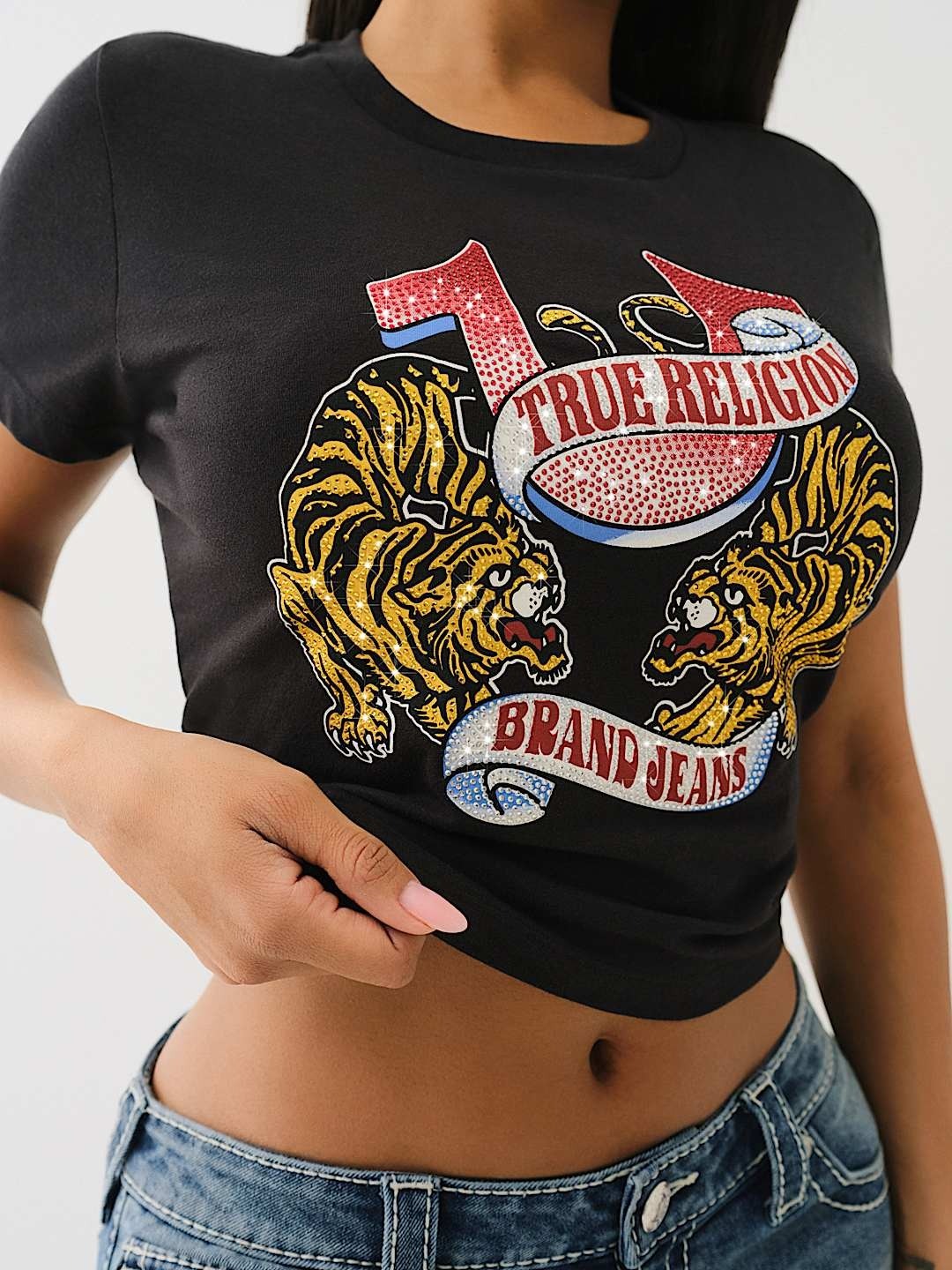 True Religion Women Black Placement Print Round Neck Top