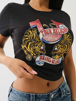 True Religion Women Black Placement Print Round Neck Top