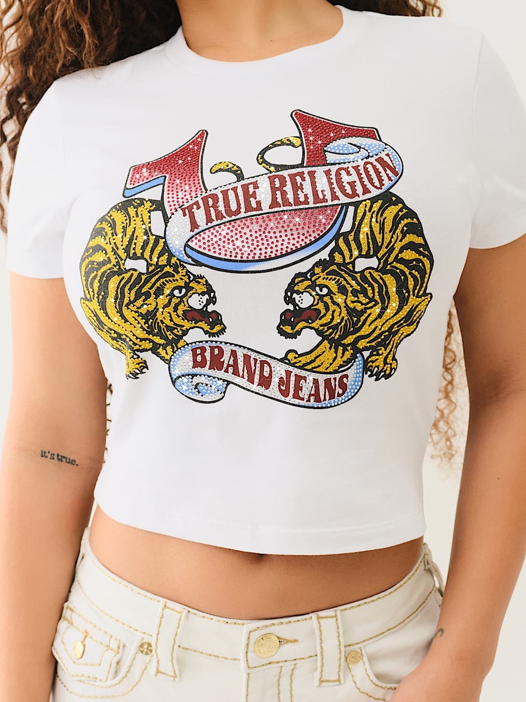 True Religion Women White Placement Print Round Neck Top