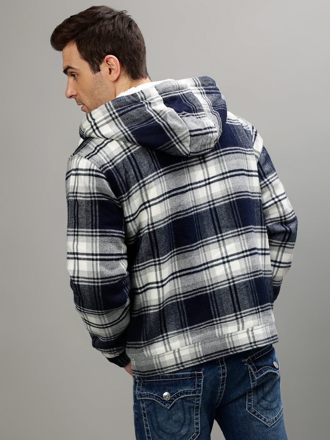 True Religion Men Checked Hooded Full Sleeves Jacket