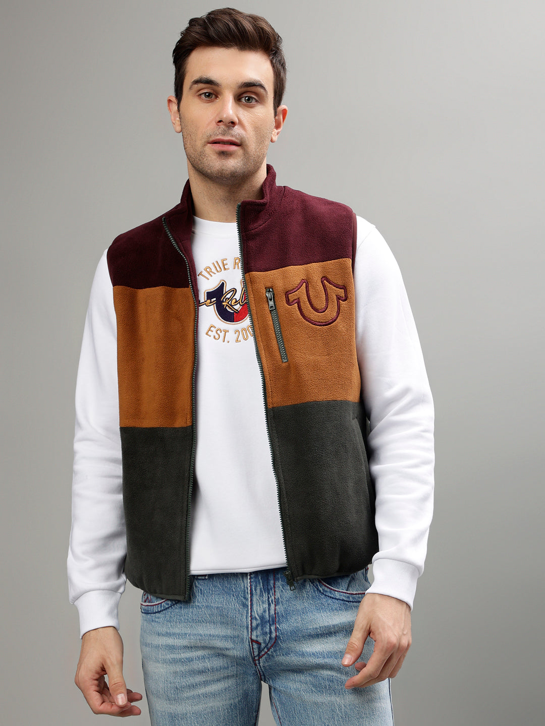 True Religion Men Colour blocked Stand Collar Sleeveless Jacket