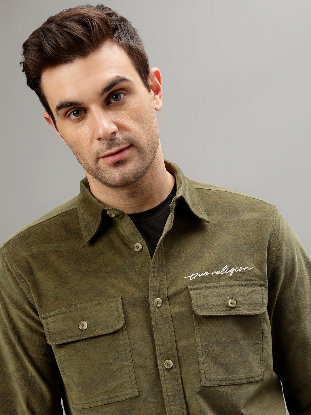 True Religion Olive Fashion Printed Regular Fit Shirt