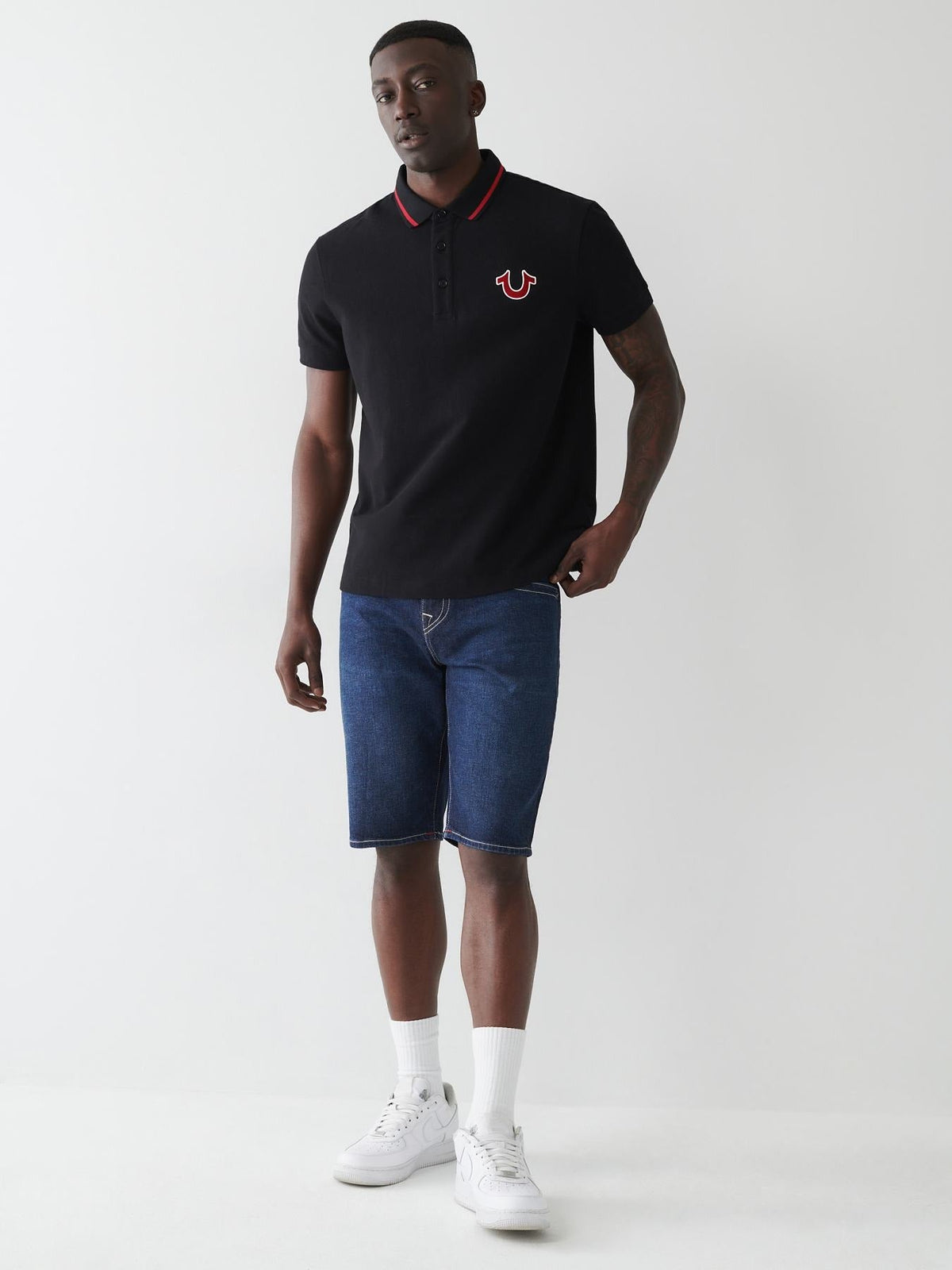 True Religion Men Black Printed Polo Neck Short Sleeves Tshirt