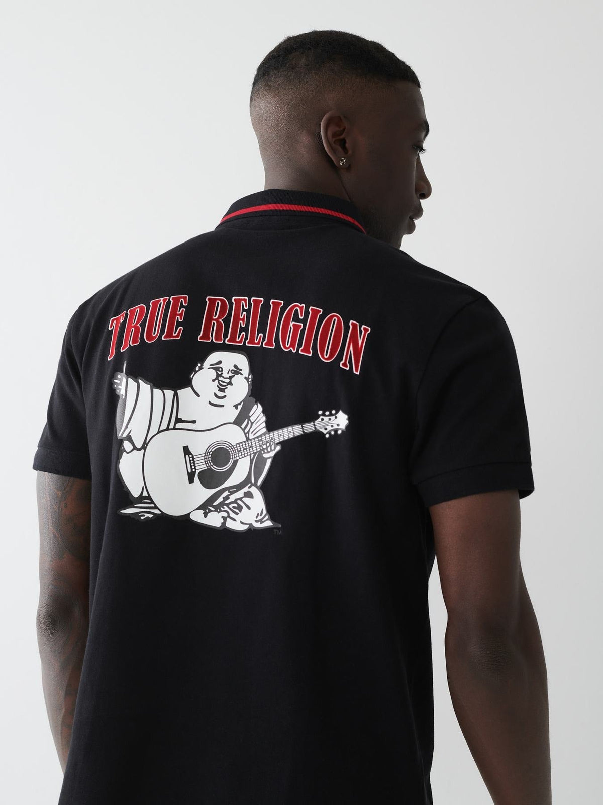 True Religion Men Black Printed Polo Neck Short Sleeves Tshirt