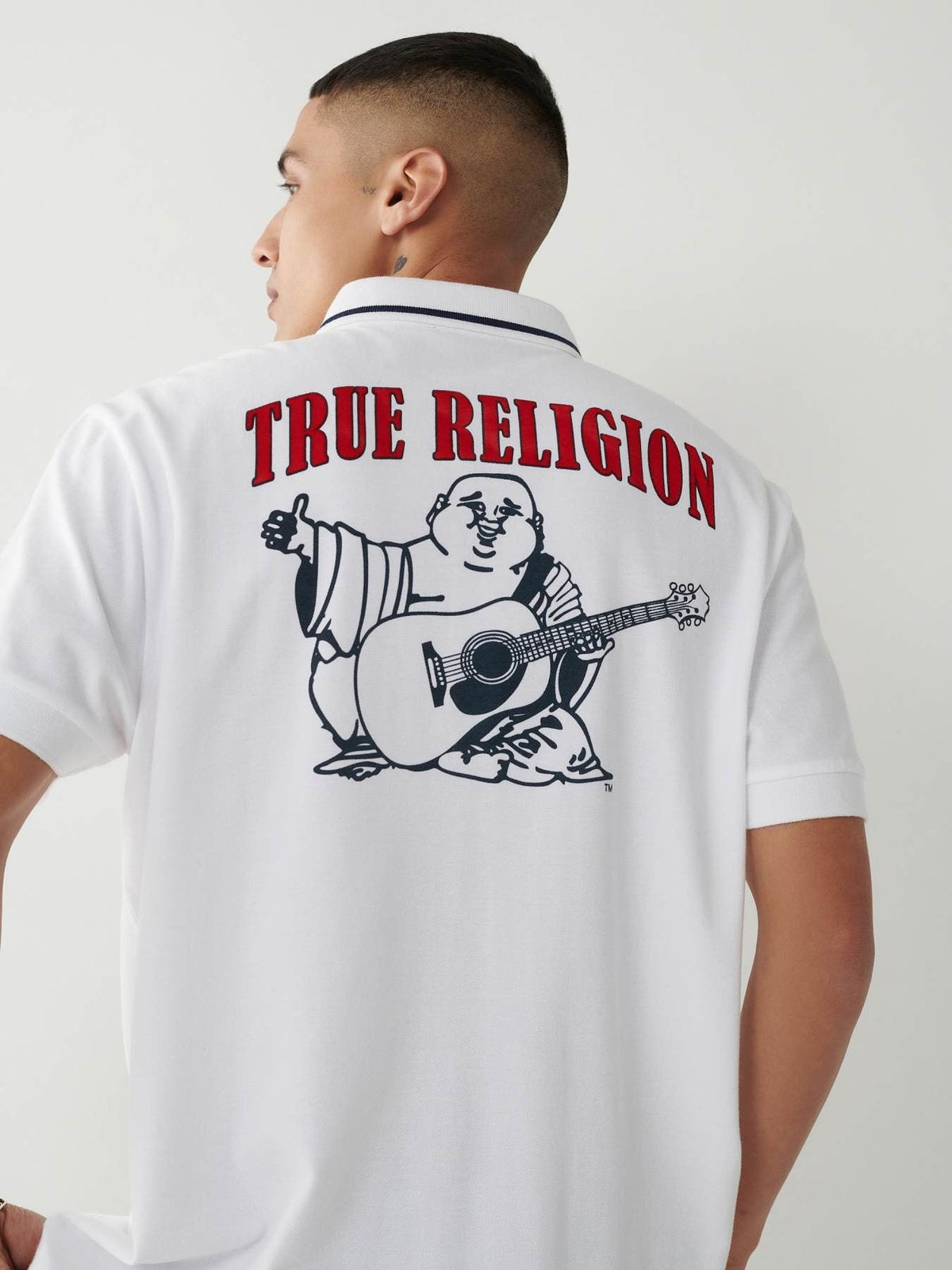 True Religion Men White Printed Polo Neck Short Sleeves Tshirt