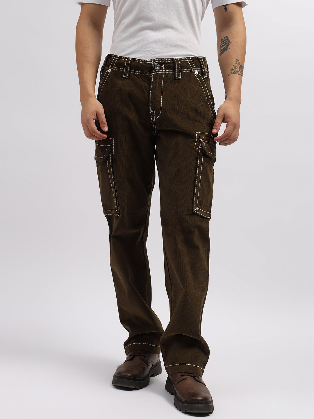 True Religion Men Green Solid Oversized Mid-Rise Trouser