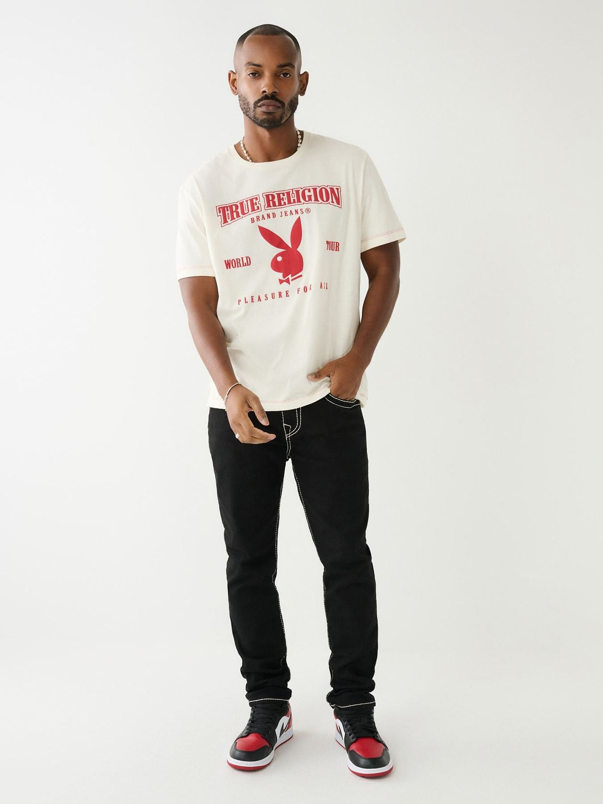 True Religion Men White Printed Round Neck Short Sleeves Tshirt