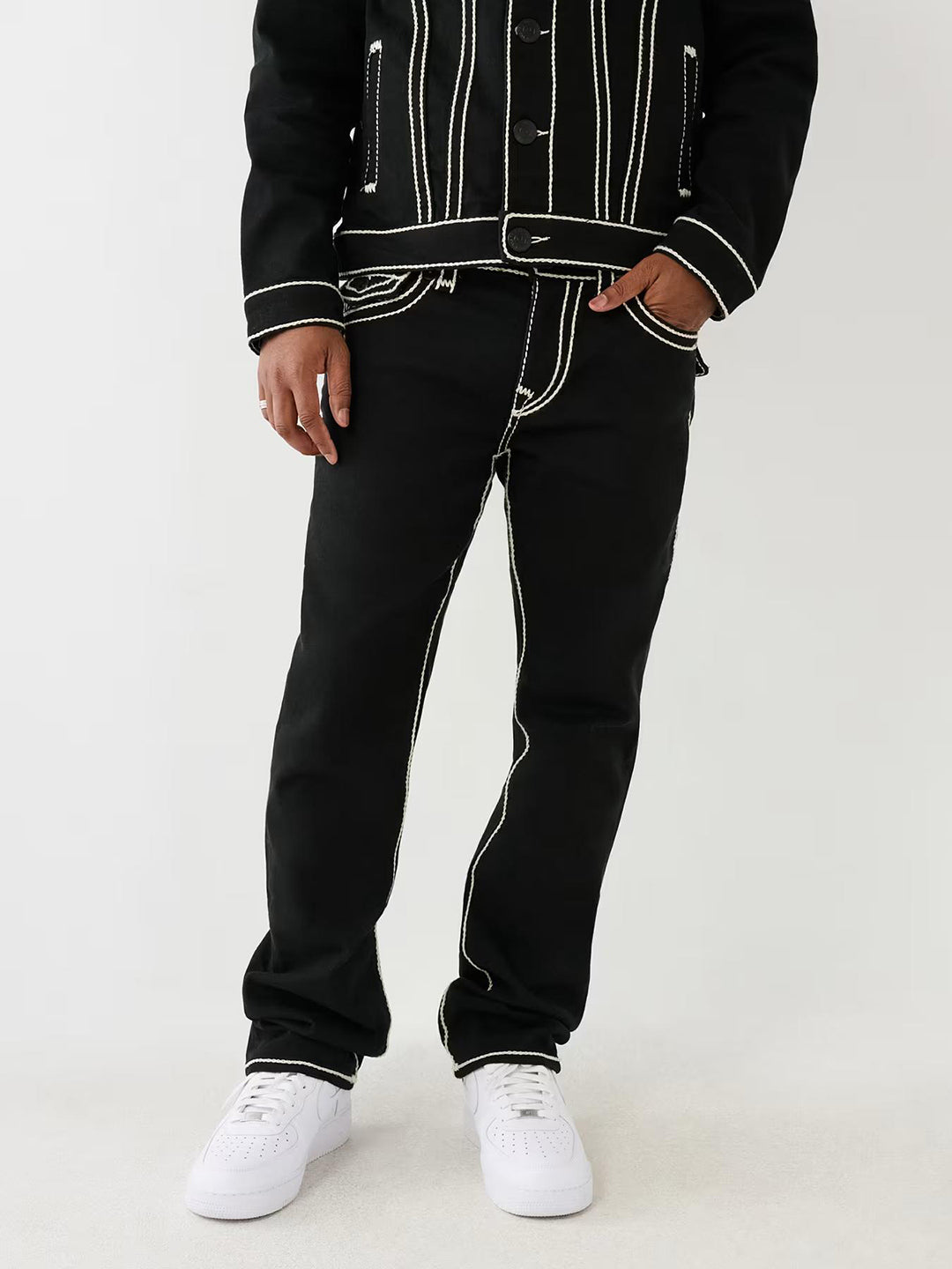 True Religion Rope Stitch Ricky Straight Fit Black Mid-Rise Solid Jeans