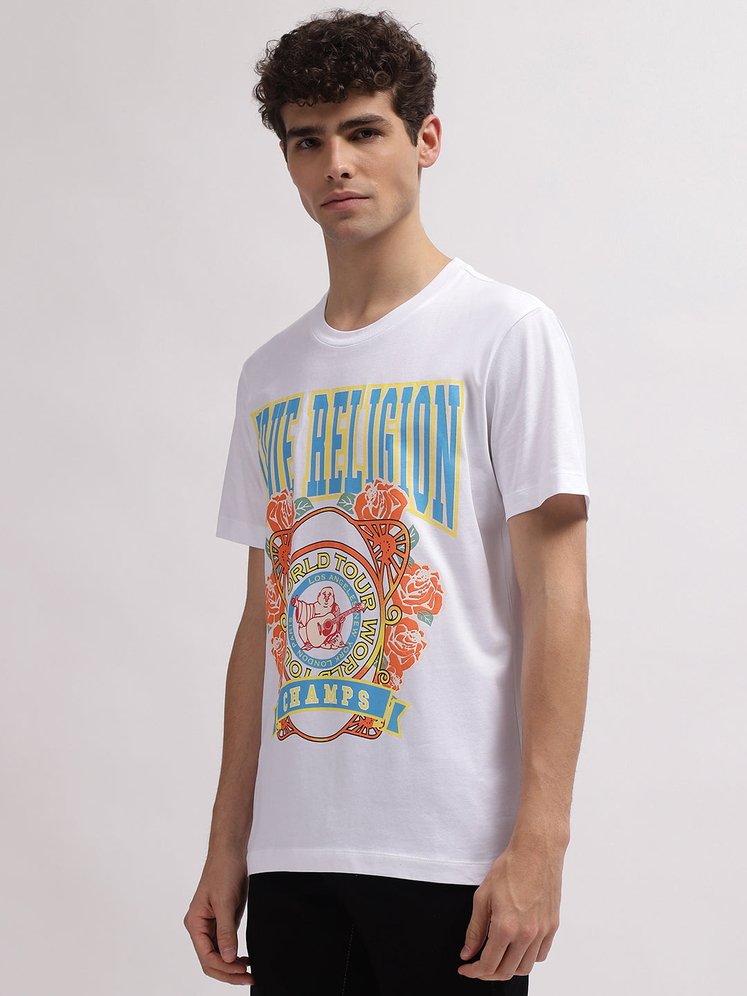 True Religion Men White Printed Round Neck Short Sleeves Tshirt