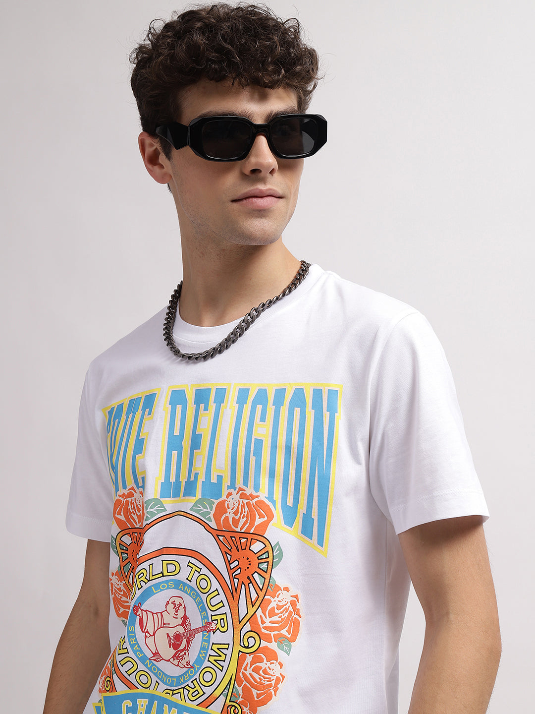 True Religion Men White Printed Round Neck Short Sleeves Tshirt