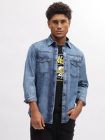 True Religion Men Blue Solid Spread Collar Full Sleeves Shirt