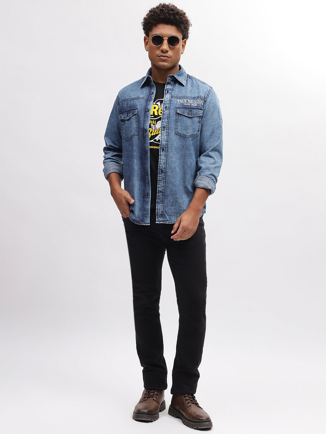 True Religion Men Blue Solid Spread Collar Full Sleeves Shirt