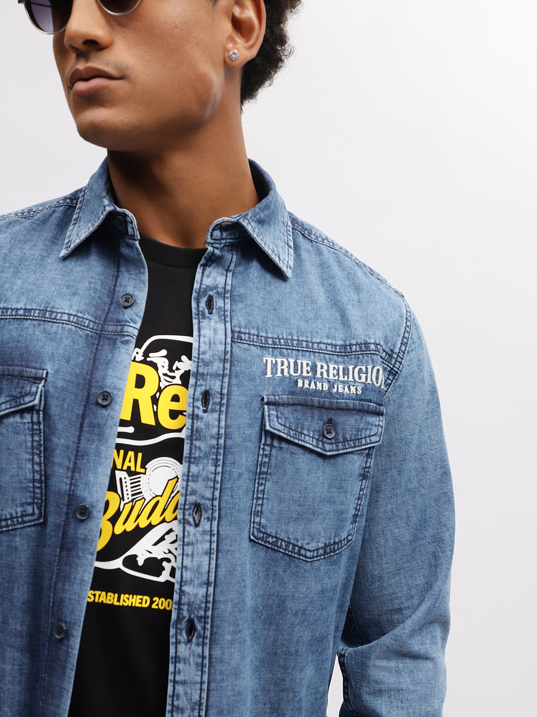 True Religion Men Blue Solid Spread Collar Full Sleeves Shirt