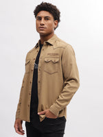 True Religion Men Khaki Solid Spread Collar Full Sleeves Shirt