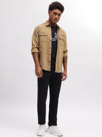 True Religion Men Khaki Solid Spread Collar Full Sleeves Shirt