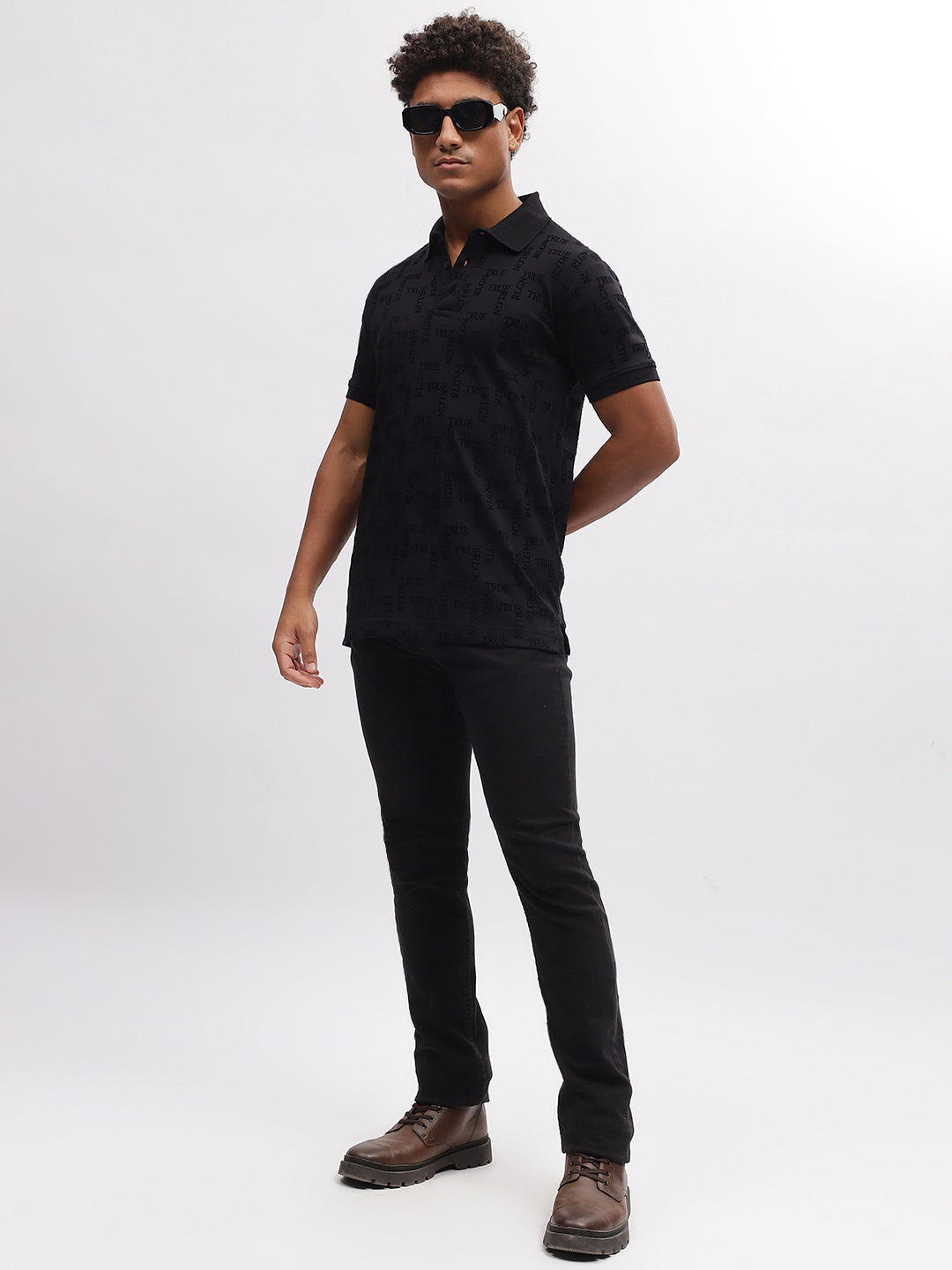 True Religion Men Black Printed Polo Collar Short Sleeves T-Shirt