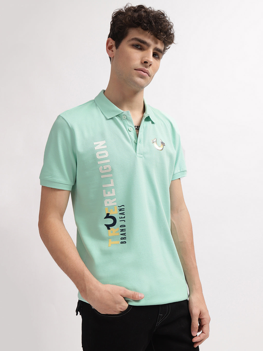 True Religion Men Mint Green Printed Polo Collar Short Sleeves Tshirt