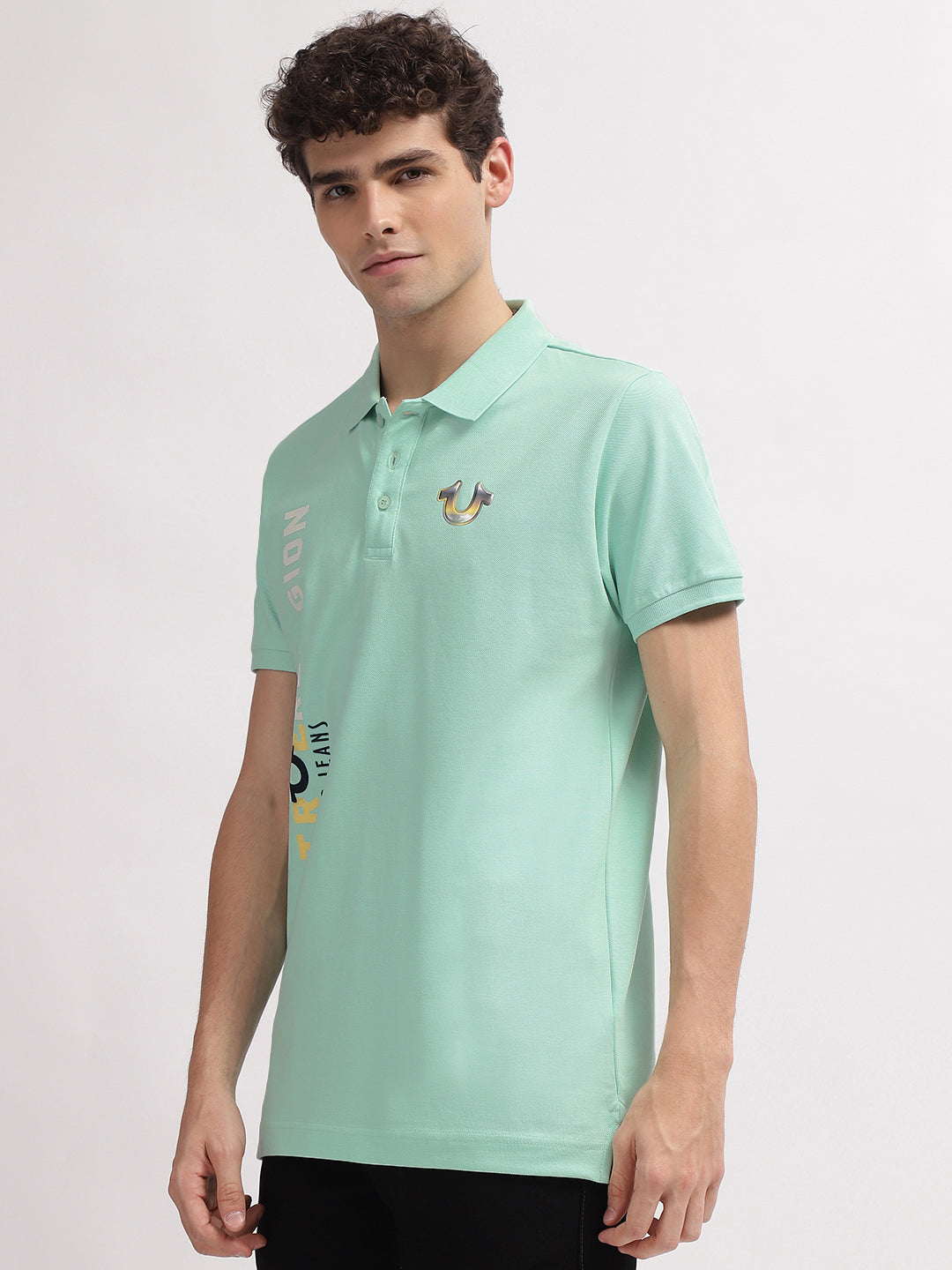 True Religion Men Mint Green Printed Polo Collar Short Sleeves Tshirt