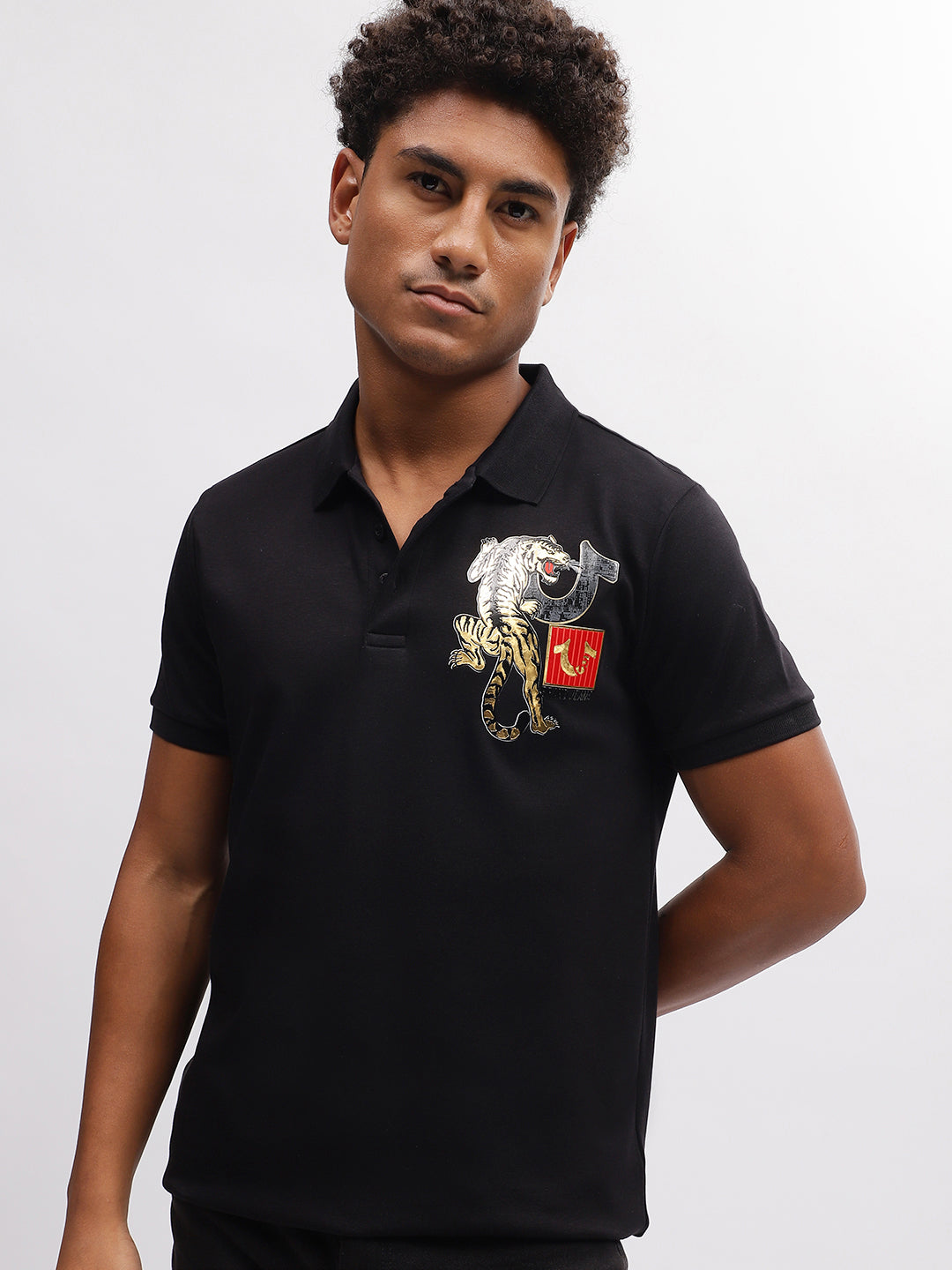 True Religion Men Black Solid Polo Collar Short Sleeves T-Shirt
