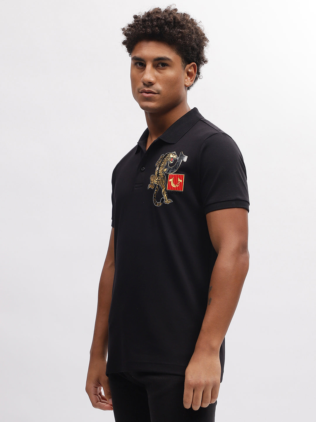 True Religion Men Black Solid Polo Collar Short Sleeves T-Shirt