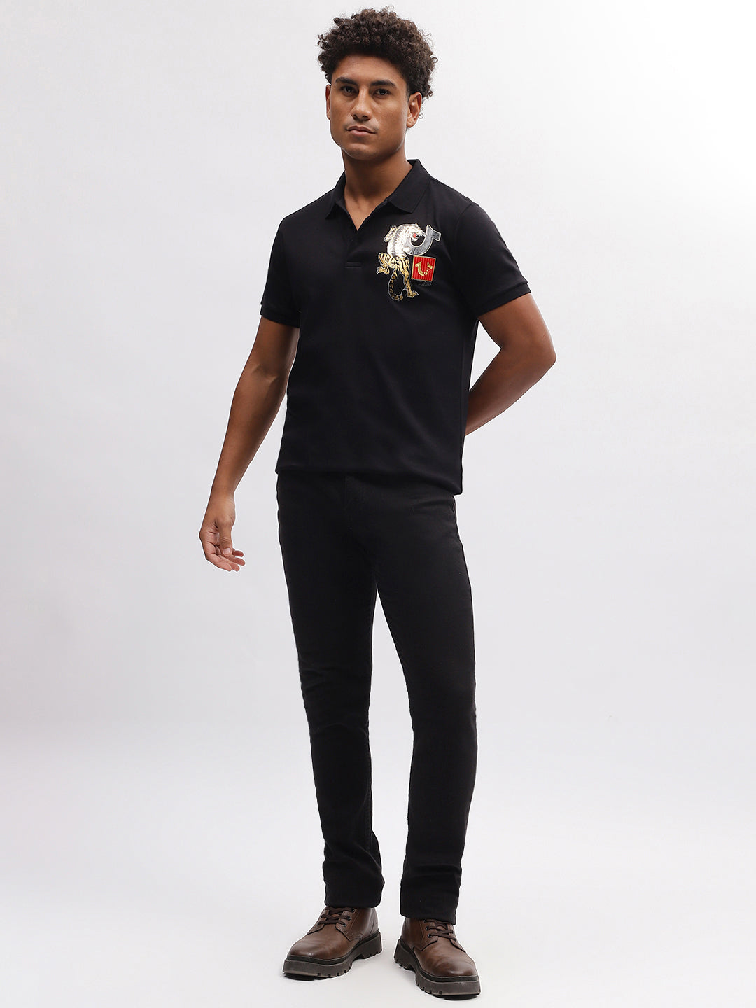 True Religion Men Black Solid Polo Collar Short Sleeves T-Shirt