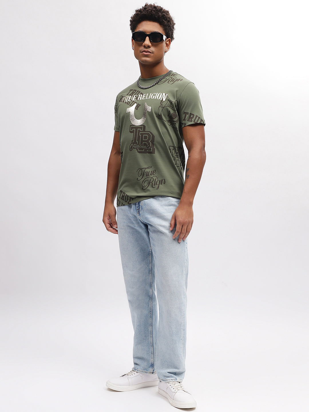 True Religion Men Green Printed Round Neck Short Sleeves T-Shirt