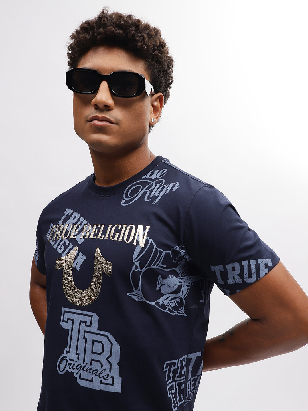 True Religion Men Blue Printed Round Neck Short Sleeves T-Shirt