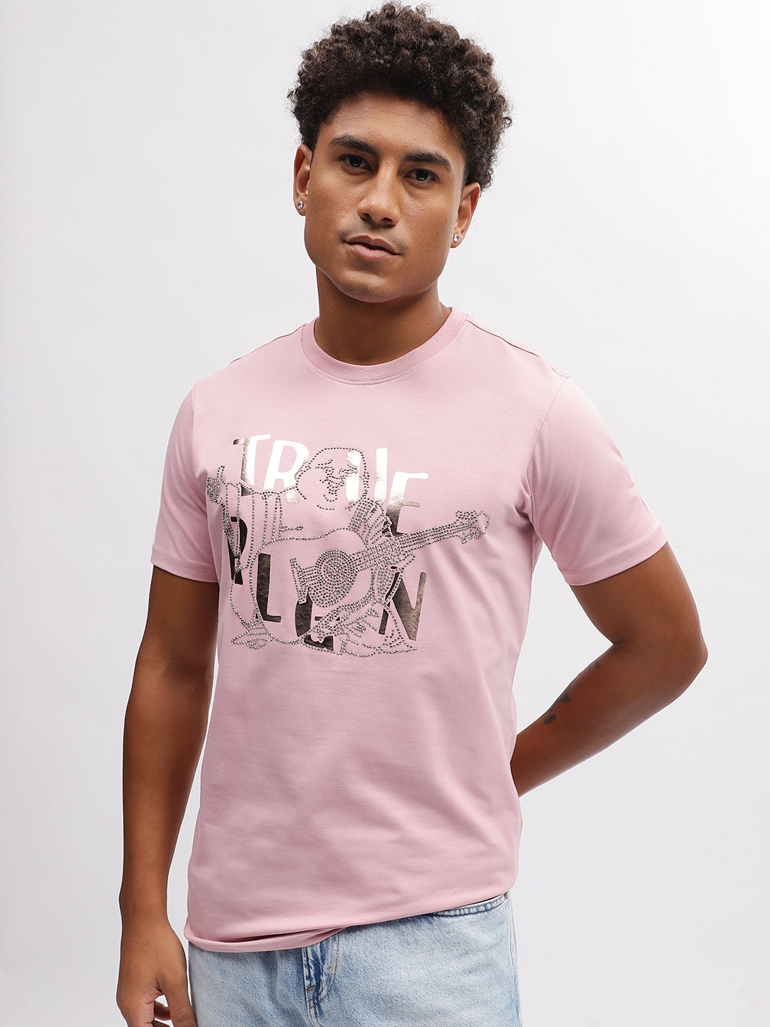 True Religion Men Pink Printed Round Neck Short Sleeves T-Shirt