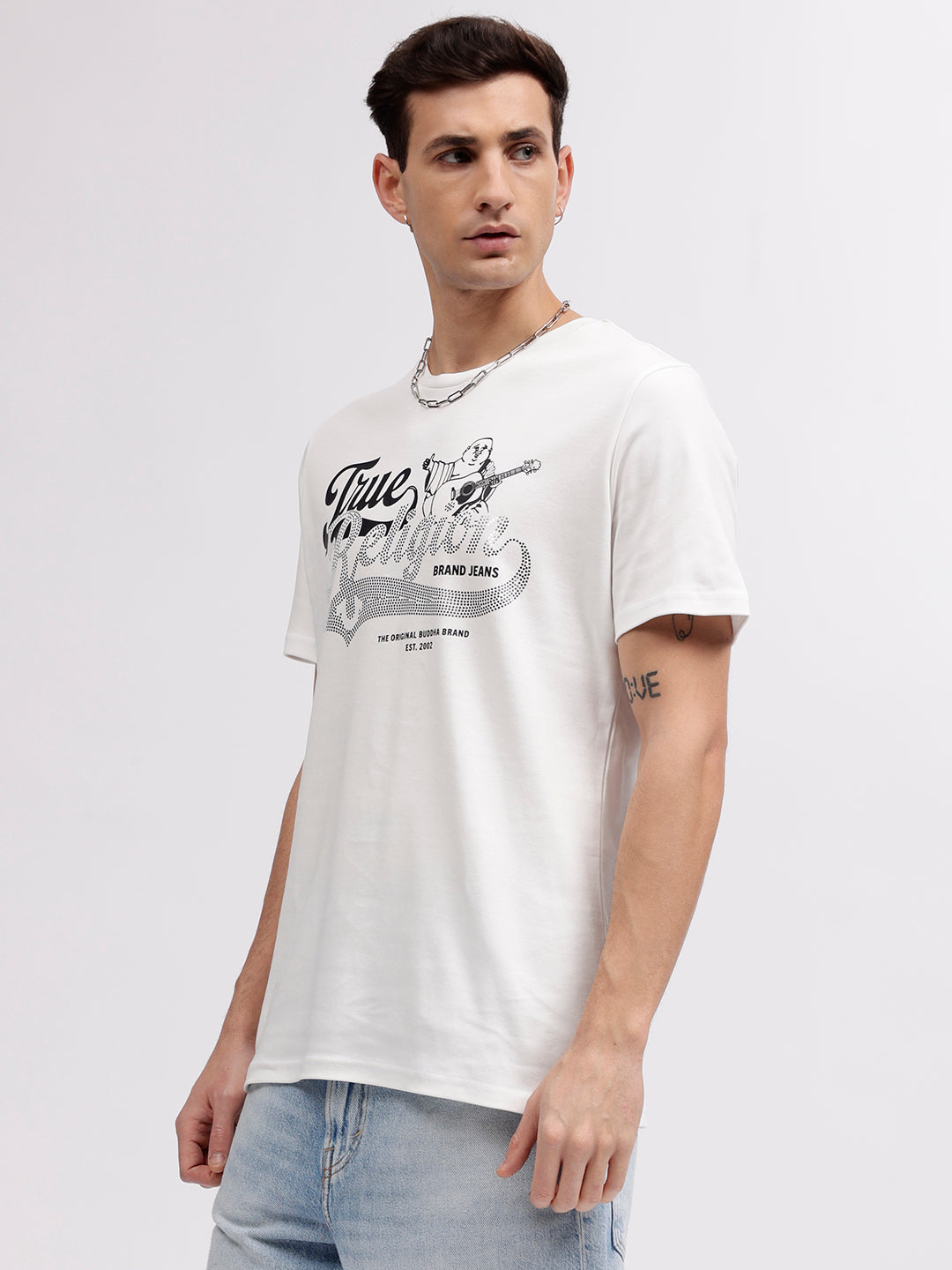 True Religion Men White Printed Round Neck Short Sleeves T-shirt