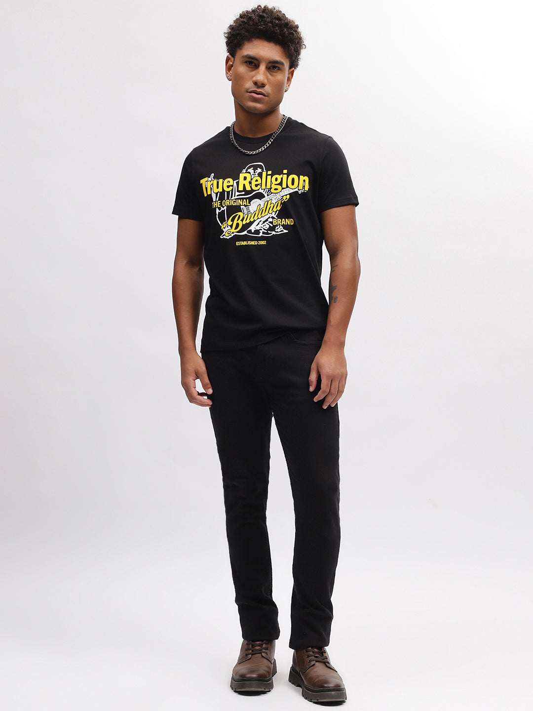 True Religion Men Black Printed Round Neck Short Sleeves T-Shirt