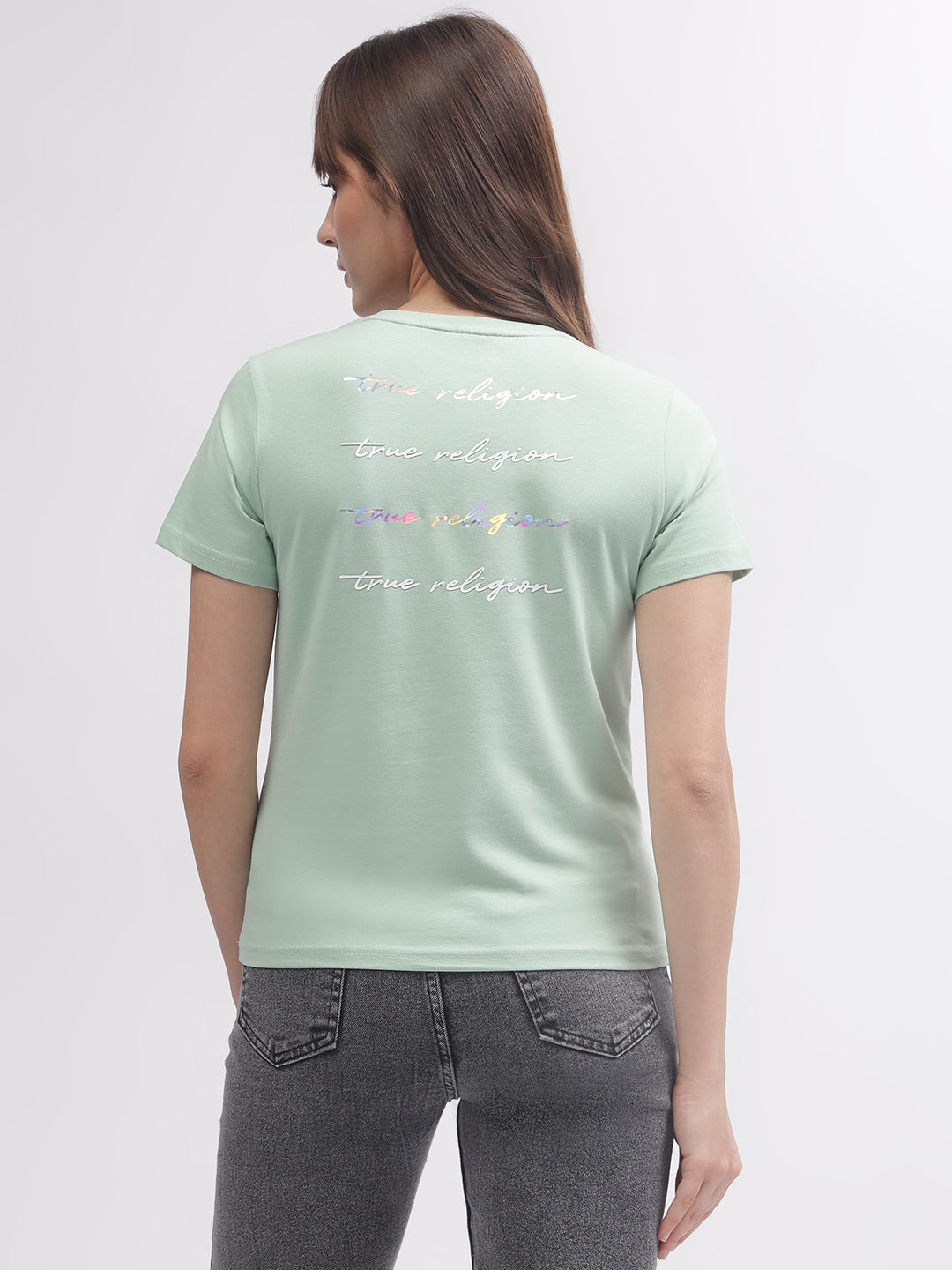 True Religion Women Green Solid V Neck Short Sleeves T-shirt