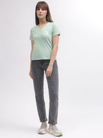 True Religion Women Green Solid V Neck Short Sleeves T-shirt