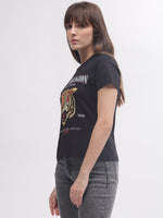True Religion Women Black Printed Round Neck Short Sleeves T-shirt