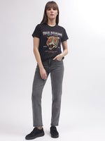 True Religion Women Black Printed Round Neck Short Sleeves T-shirt