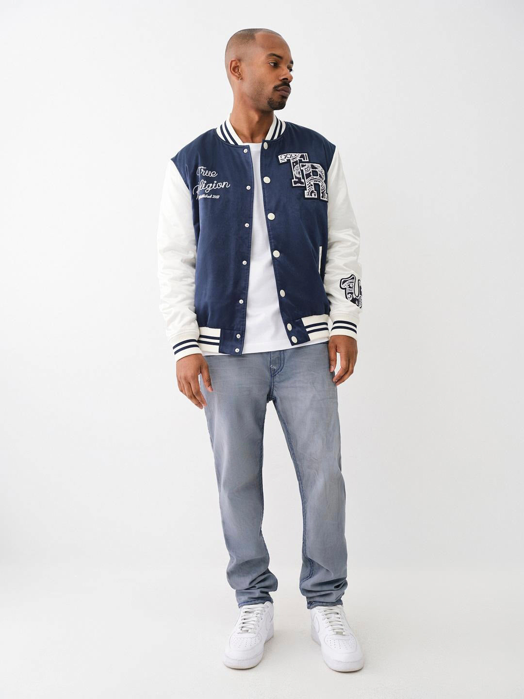 True Religion Men Blue Color-Blocked Stand Collar Full Sleeves Jacket