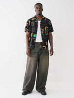 True Religion Men Black Printed Cuban Collar Short Sleeves Shirt