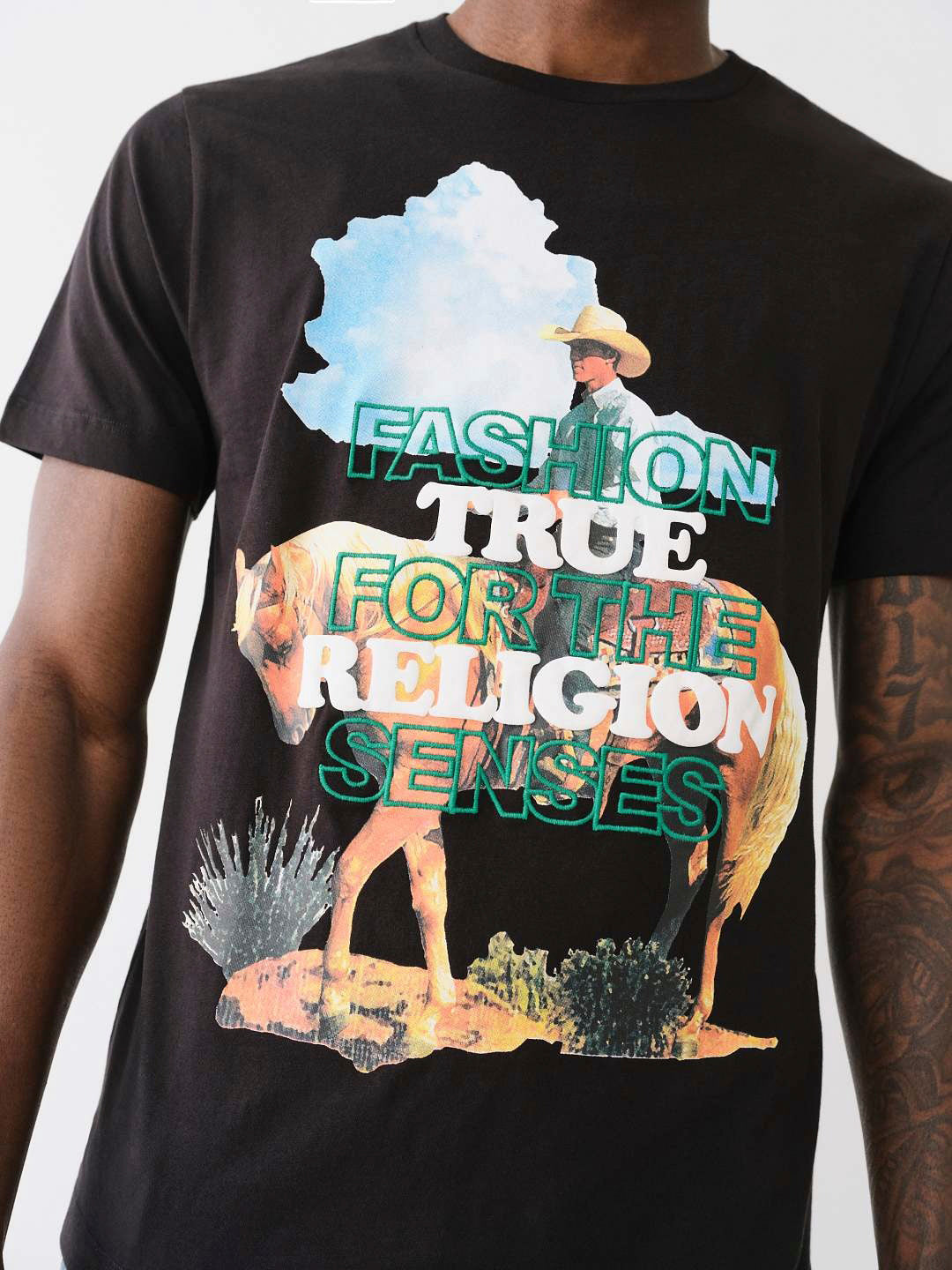 True Religion Men Black Printed Round Neck Short Sleeves Tshirt