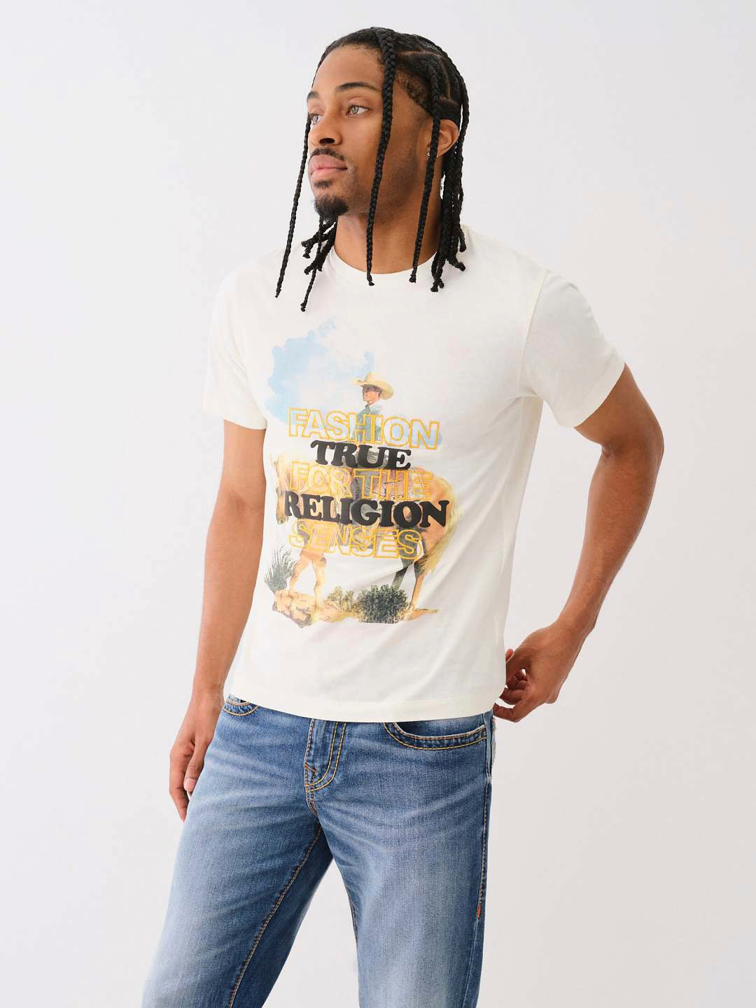 True Religion Men Cream Printed Round Neck Short Sleeves Tshirt