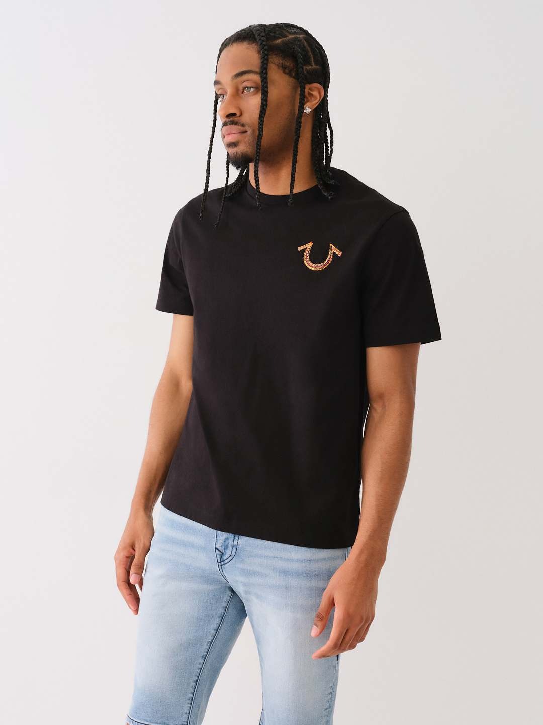 True Religion Men Black Solid Round Neck Short Sleeves Tshirt