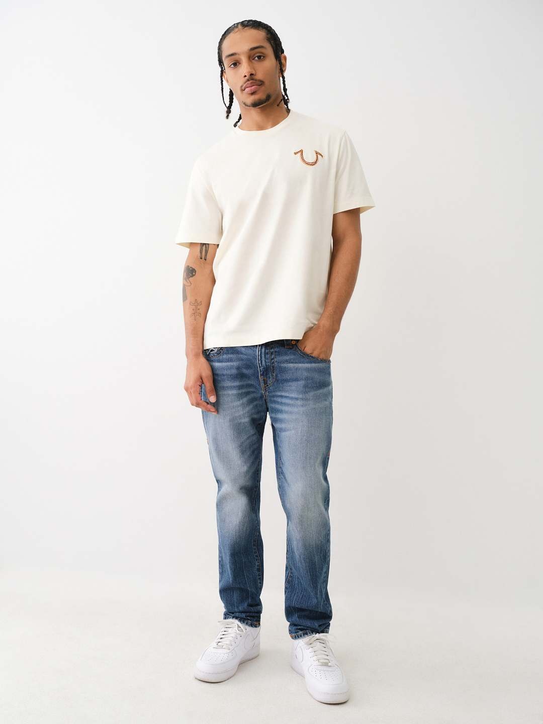 True Religion Men Cream Solid Round Neck Short Sleeves Tshirt