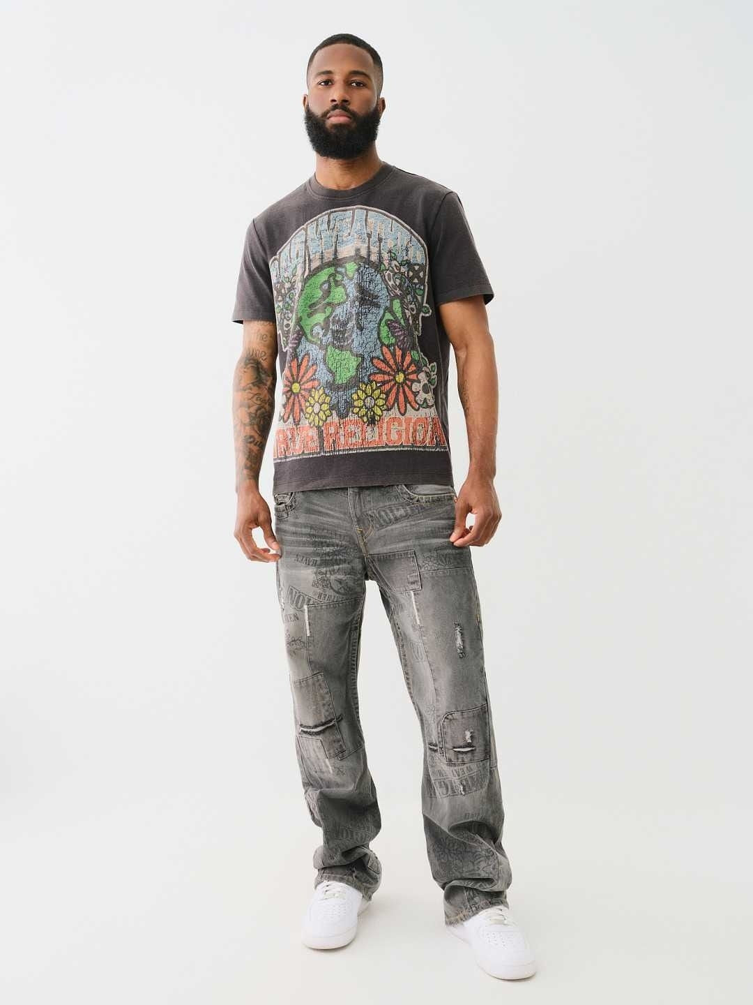 True Religion Men Black Printed Round Neck Short Sleeves Tshirt